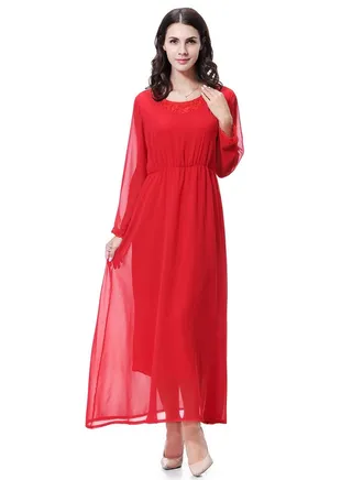 Women's Solid Color Long Sleeve Maxi Long Chiffon Dress Robe Red 