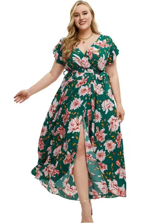 Oversized Women's Summer New Short Sleeve Printed Split Dress Multicolour 