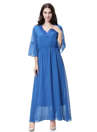 Women's Solid Color V- Neck Flare Sleeve Chiffon Maxi Long Dress Robe  Blue 