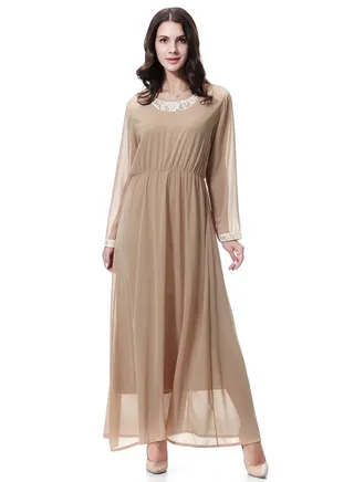 Women's  Long Sleeve Maxi Long Chiffon Dress Robe Camel 
