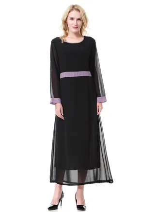 Lady's Long Sleeve Round Neck Chiffon Maxi Long Dress Black/Purple 