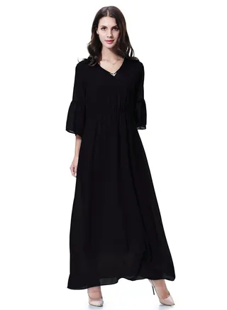 Women's Solid Color V- Neck Flare Sleeve Chiffon Maxi Long Dress Robe  Black 