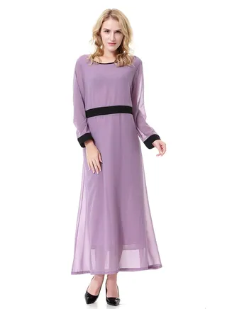 Lady's Long Sleeve Round Neck Chiffon Maxi Long Dress Purple/Black 