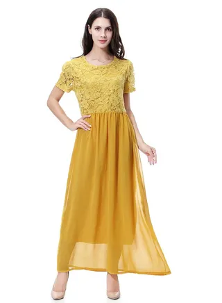 Woman's Solid Color Short Sleeve Chiffon Tunic Maxi Dress Lemon Yellow 