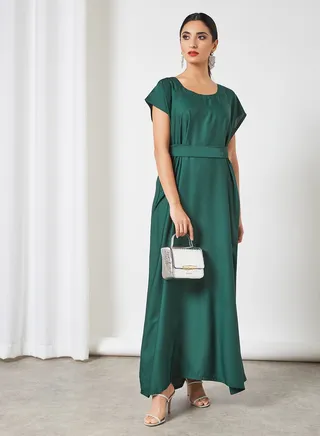 Stylish Scoop Neck Short Sleeve Maxi Dress Green 