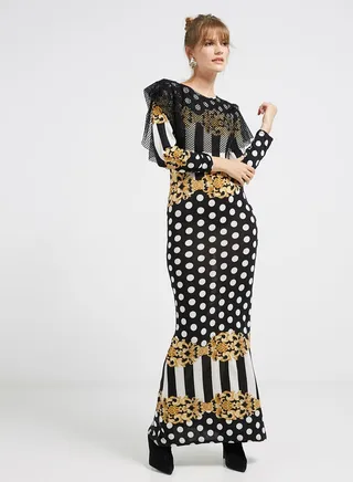 Net Embellished Long Sleeves Maxi Dress Yellow/Black/White 