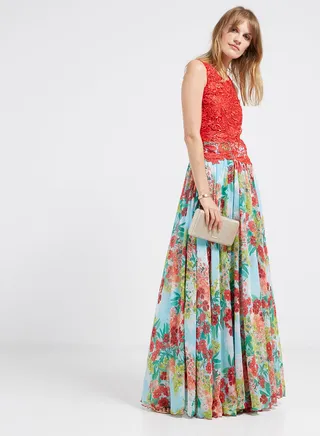 Lace Detailed Flared Hemline Maxi Dress Multicolour 
