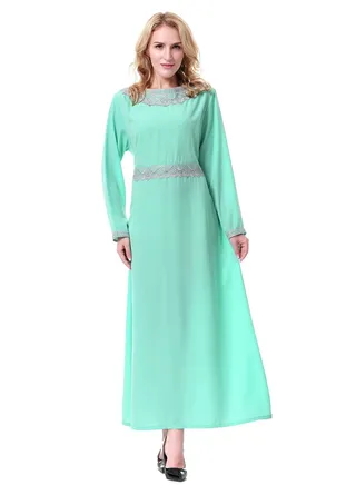 Women's Boat Neck Long Sleeve Maxi Dress With Lace Trim Green/Grey 