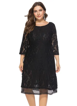 Plus-size Women's Round Neck Lace Dress Black 