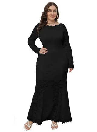 Plus-size Women's New Hollowed-out Lace Fishtail Dress Black 