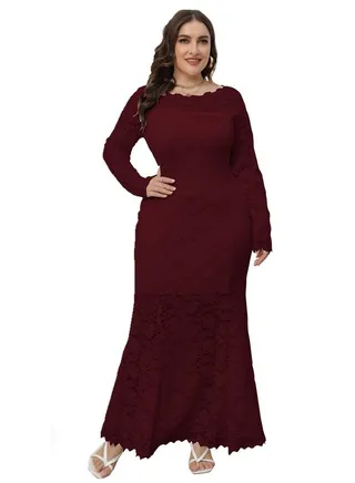 Plus-size Women's New Hollowed-out Lace Fishtail Dress Red 