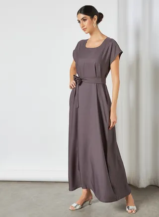 Stylish Belted Maxi Dress Grey 
