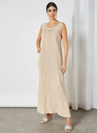 Stylish Scoop Neck Maxi Dress Beige 