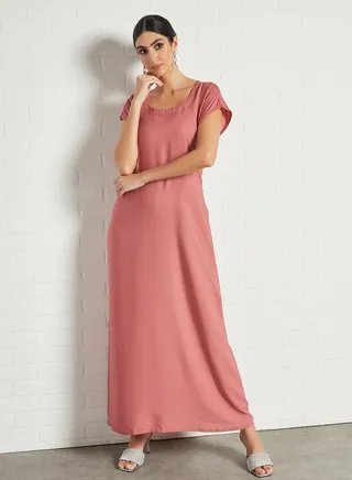 Stylish Scoop Neck Short Sleeve Maxi Dress Pink 