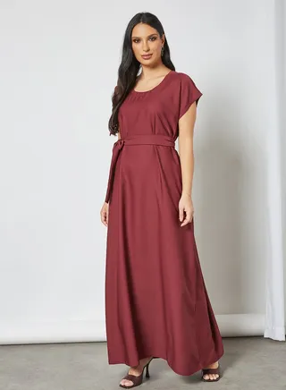 Stylish Belted Maxi Dress Red 