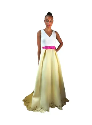 Hollow Out With Belt Detail Maxi Dress Yellow/White/Pink 
