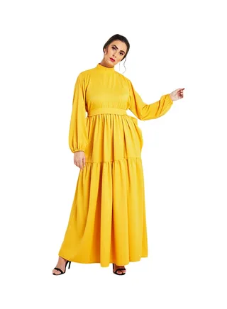 Pleat Detail Long Sleeve Maxi Dress Yellow 