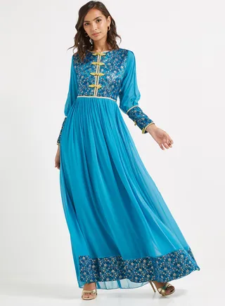 Waist Plated Maxi Dress Blue 
