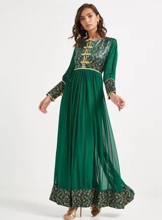 Waist Plated Maxi Dress Dark Green 