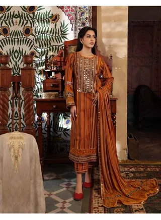3 Piece Embroidered Handwork Lawn Stitched Dress Soft Stuff Fabric Trouser with Fancy Dupatta Festive Eid Suit - Charizma Collection 