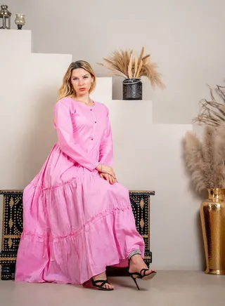 Pink Frill Maxi: Feminine Elegance - Cotton 