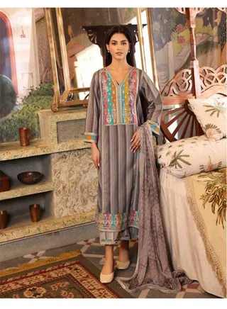 3 Piece Embroidered Handwork Lawn Stitched Dress Soft Stuff Fabric Trouser with Fancy Dupatta Festive Eid Suit - Charizma Collection 