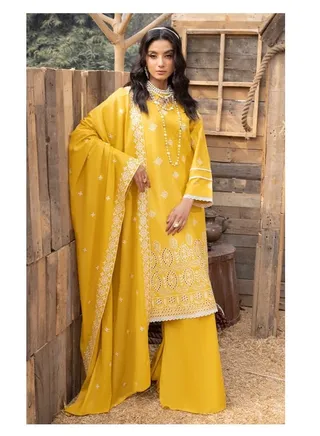 3 Piece Embroidered Lawn Stitched Dress Cambric Trouser with Fancy Voile Dupatta Festive Formal Suit - Mehru by Mahnur Collection 