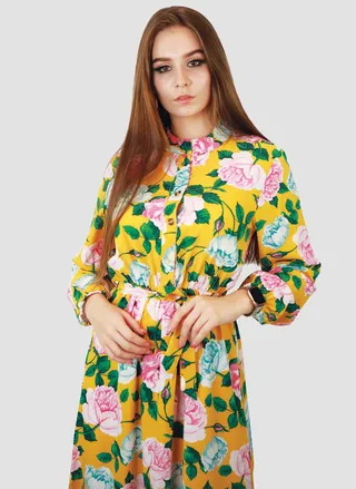 Kidwala Women'S Long Dress, Floral Print With Front Tie Knot, Long Sleeves, Closed Neck Yellow, Pink & Green & Blue Vintage Dress, Flower Print, Front Button With Crew Neckline, Ladies Night Dress 