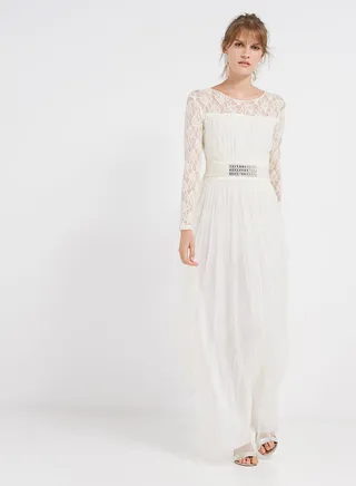 Lace Detailed Long Sleeves Maxi Dress White 