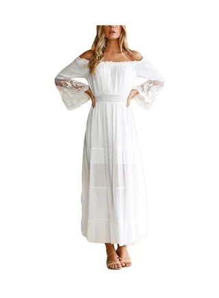 Lace Flare Sleeve Boho Maxi Dress White 