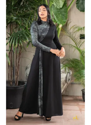 Shimmering Lady  Long Sleeve Two Toned Fit and Flared Dress 