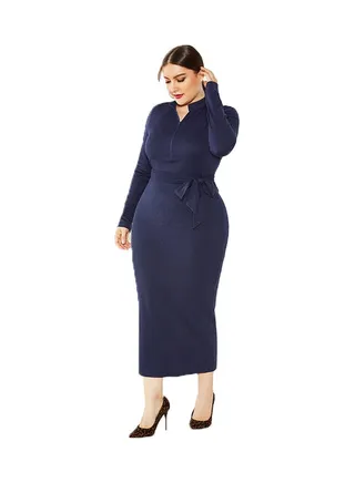Stand Collar Solid Pattern Maxi Dress Navy Blue 