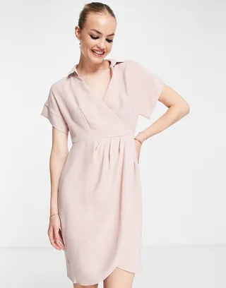 Closet London wrap mini shirt dress in blush