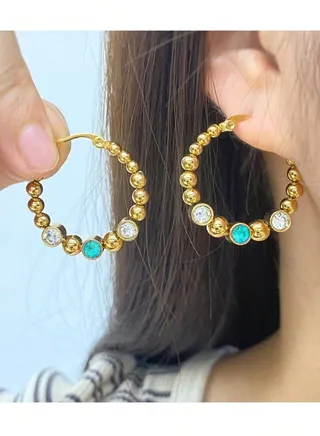 Elegant Stainless Steel Gold Plated Hoop Earrings For Women Inlaid With Zirconia 