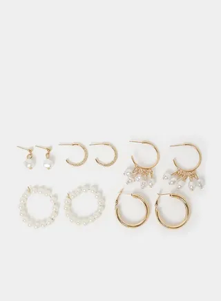 Set of 5 Faux Pearl Hoop Earrings