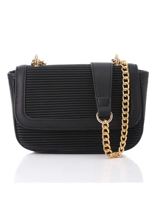 Black Ribbed Full Black Leather Double Chain Handled Crossbody Bag 