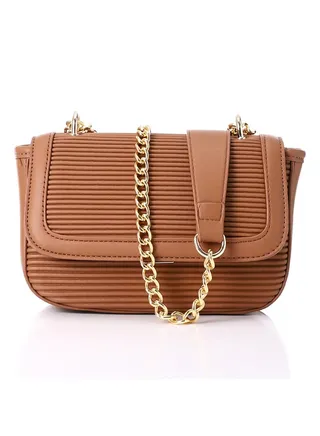 Havana Ribbed Full Black Leather Double Chain Handled Crossbody Bag 