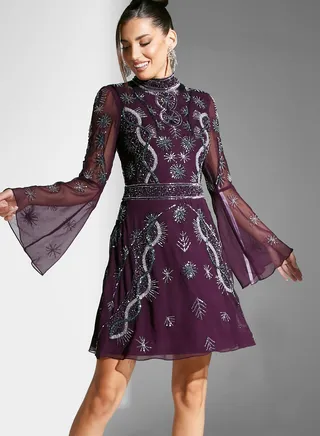 High Neck Mesh Detail Dress