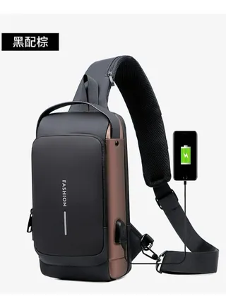A distinctive and practical imported waterproof crossbody bag equipped with a USB port and a password for a lock, suitable for travel and work and for multiple uses for men - black 