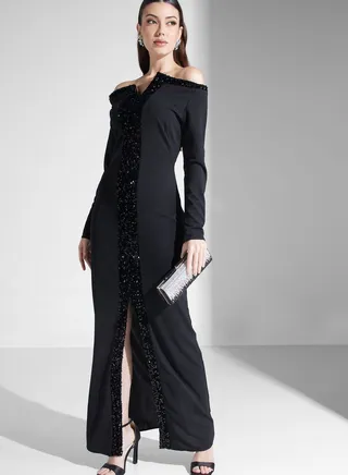 Hadia Ghaleb Bodycon Gown With Shimmer Detail