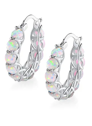14 Karat White Gold Plated Opal Studded Hoop Earrings 