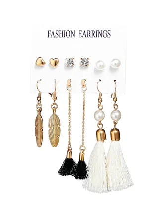 6-Pair Versatile Tassels Leaf Pattern Earrings 