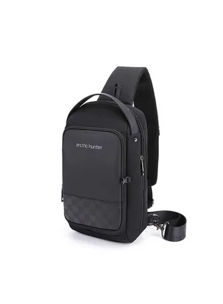 Men Chest Crossbag USB Charging Sling Shoulder Bag Waterproof Black 