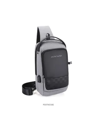 Men Chest Crossbag USB Charging Sling Shoulder Bag Waterproof Grey 
