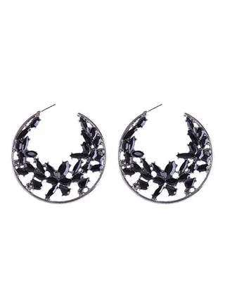 Stone Studded Hoop Earrings Black/Silver 