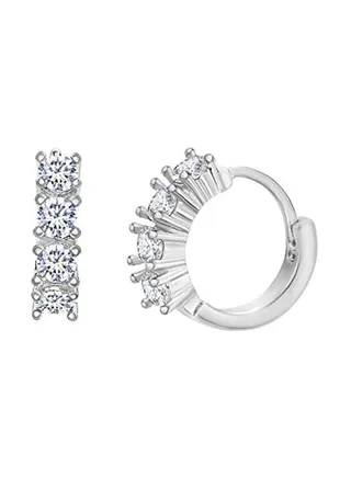 Rhodium Plated Brass Cubic Zirconia Studded Hoop Earrings 
