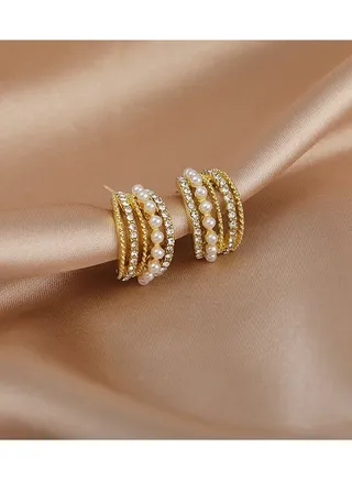Pearl Hoop Earrings Ins Luxury Stylish Diamond Ear Studs S925 Silver Needle for Women Girls Gold 