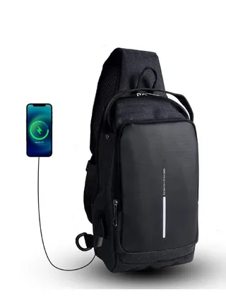 Crossbody Bag With USB Charger - Waterproof - Casual - Black 
