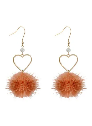 Faux Pearl Studded Fluffy Pompom Heart Design Earrings 