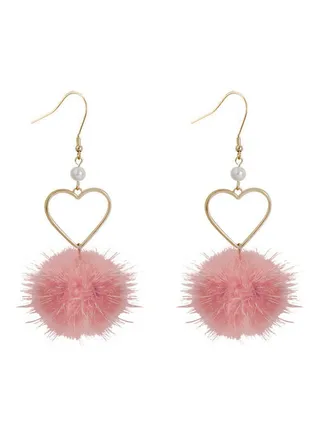 Faux Pearl Studded Fluffy Pompom Heart Design Earrings 